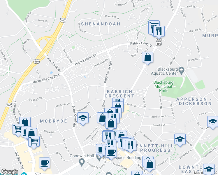 map of restaurants, bars, coffee shops, grocery stores, and more near 116 Broce Drive in Blacksburg