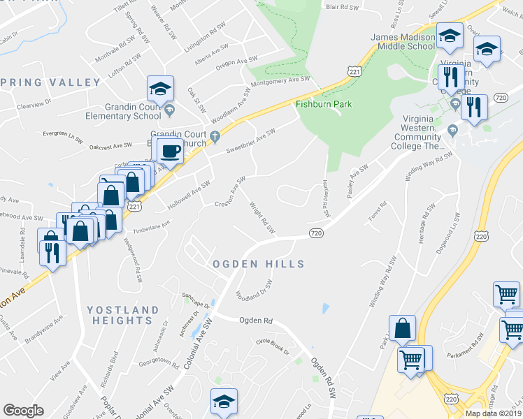 map of restaurants, bars, coffee shops, grocery stores, and more near 3548 Wright Road Southwest in Roanoke