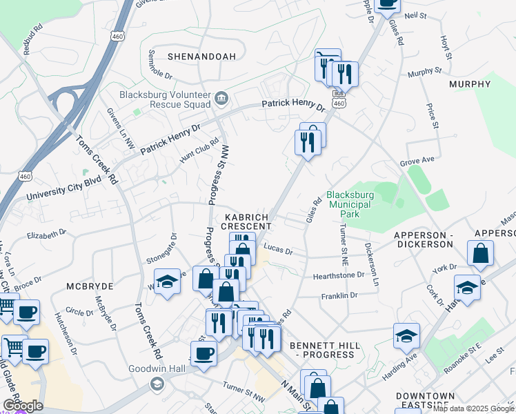 map of restaurants, bars, coffee shops, grocery stores, and more near 1207 North Main Street in Blacksburg