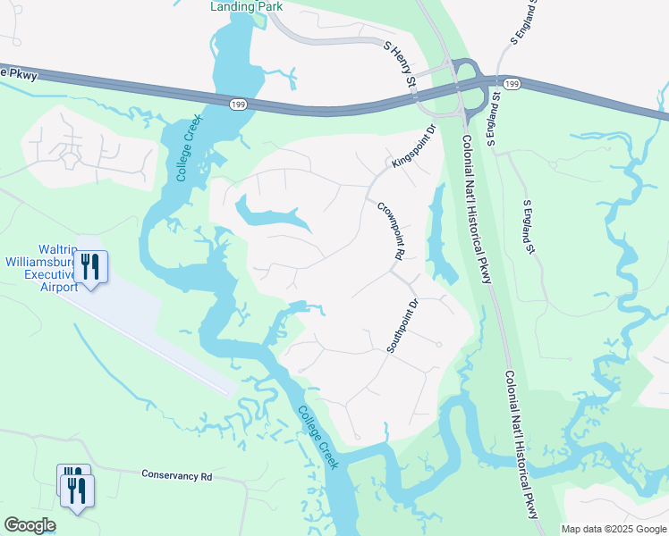map of restaurants, bars, coffee shops, grocery stores, and more near 124 Kingspoint Dr in Williamsburg