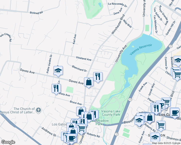 map of restaurants, bars, coffee shops, grocery stores, and more near 15620 Winchester Boulevard in Los Gatos