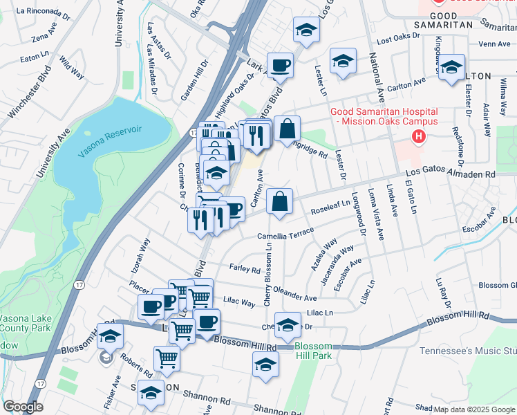 map of restaurants, bars, coffee shops, grocery stores, and more near 120 Carlton Avenue in Los Gatos