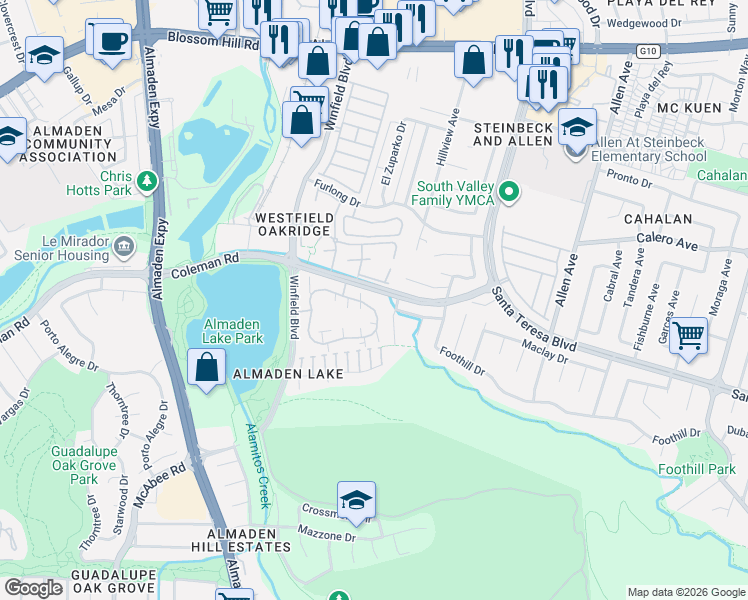 map of restaurants, bars, coffee shops, grocery stores, and more near 2300 La Terrace Circle in San Jose