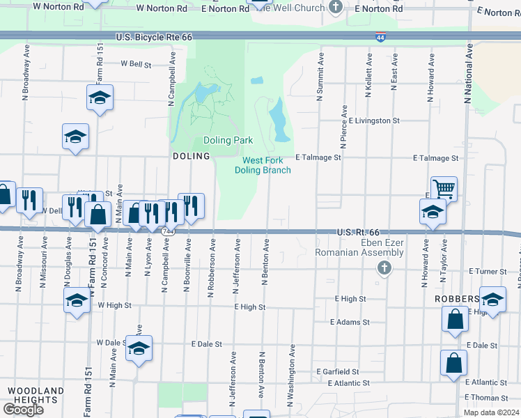 map of restaurants, bars, coffee shops, grocery stores, and more near 2435 North Benton Avenue in Springfield