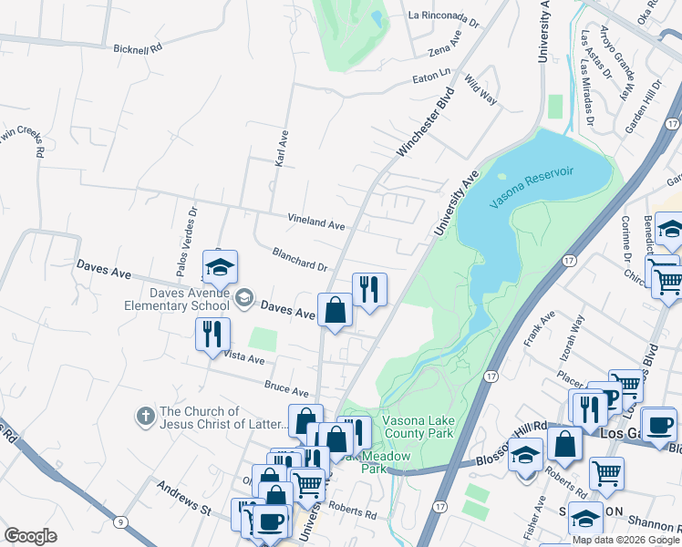 map of restaurants, bars, coffee shops, grocery stores, and more near 15620 Winchester Boulevard in Monte Sereno