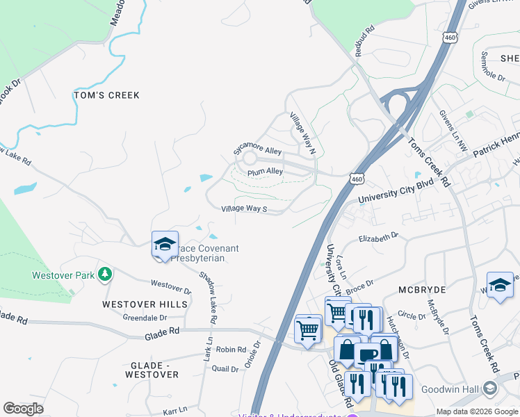 map of restaurants, bars, coffee shops, grocery stores, and more near Village Way South in Blacksburg