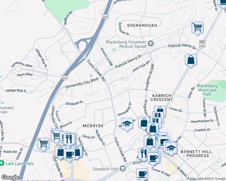 map of restaurants, bars, coffee shops, grocery stores, and more near 519 Hunt Club Road in Blacksburg