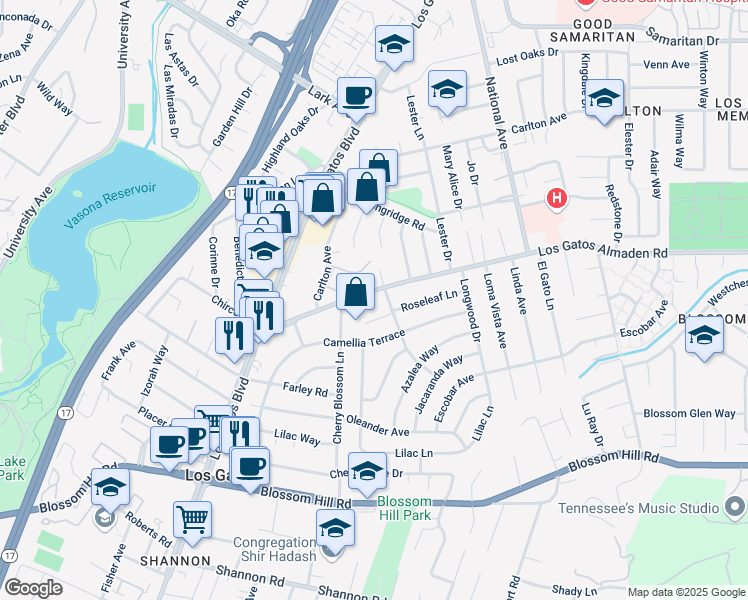 map of restaurants, bars, coffee shops, grocery stores, and more near 16360 Los Gatos Almaden Road in Los Gatos