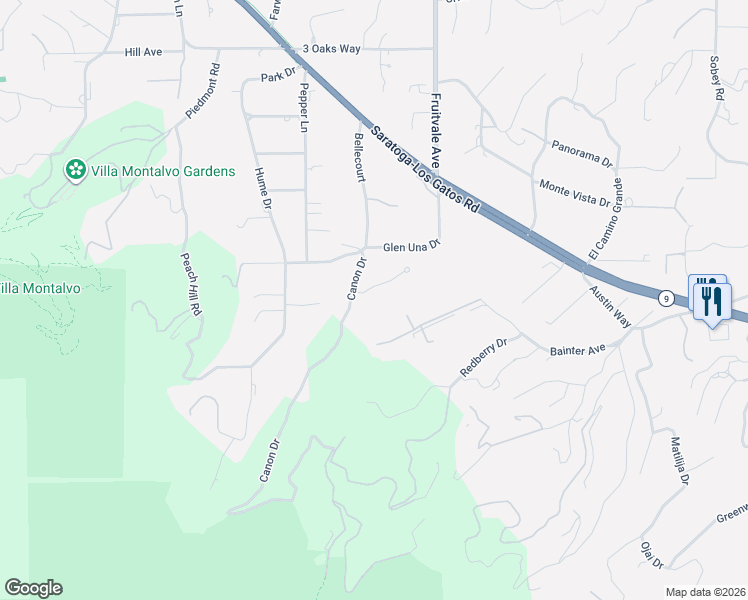 map of restaurants, bars, coffee shops, grocery stores, and more near 19630 Sky Oaks Way in Los Gatos