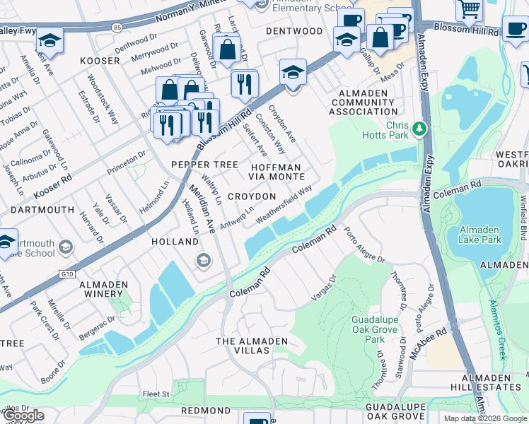 map of restaurants, bars, coffee shops, grocery stores, and more near 1285 Weathersfield Way in San Jose