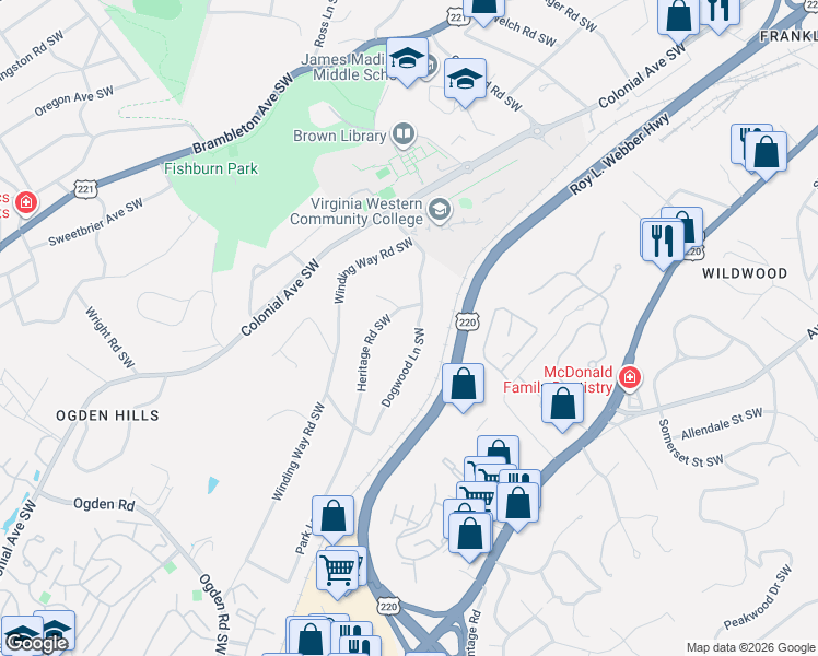 map of restaurants, bars, coffee shops, grocery stores, and more near 3615 Dogwood Ln SW in Roanoke