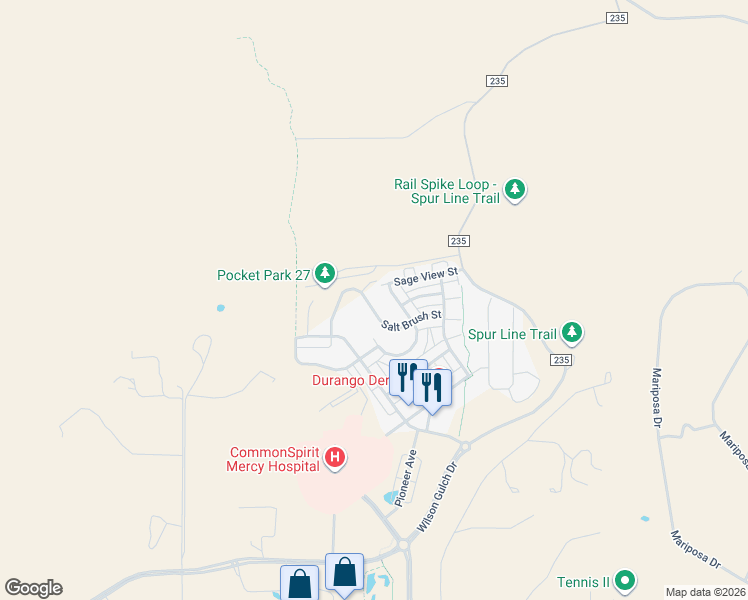 map of restaurants, bars, coffee shops, grocery stores, and more near 490 Tierra Verde Circle in Durango