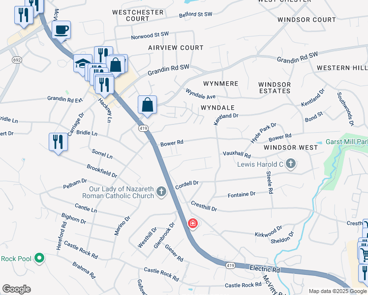 map of restaurants, bars, coffee shops, grocery stores, and more near 4934 Bower Road in Cave Spring
