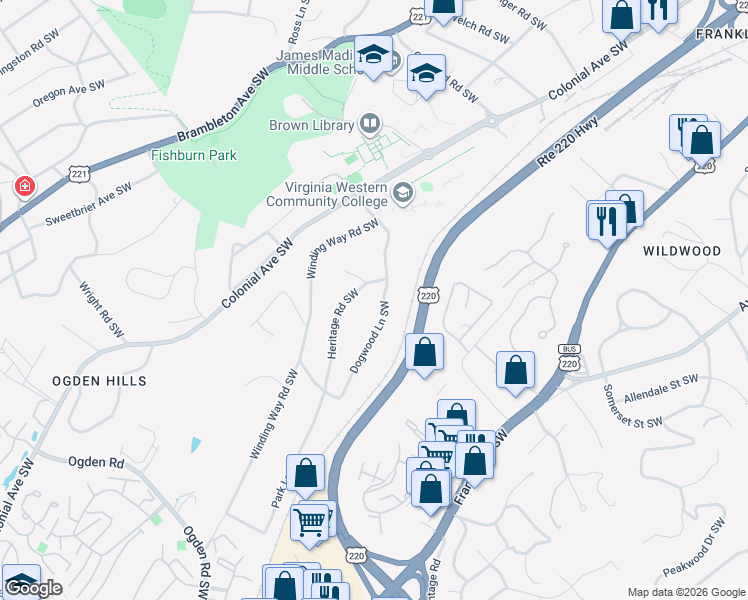map of restaurants, bars, coffee shops, grocery stores, and more near 3615 Dogwood Ln SW in Roanoke