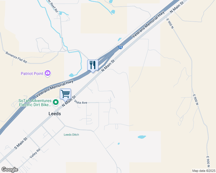 map of restaurants, bars, coffee shops, grocery stores, and more near 75 East Roundy Mountain Road in Leeds