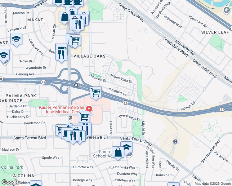 map of restaurants, bars, coffee shops, grocery stores, and more near 6068 Sunstone Drive in San Jose