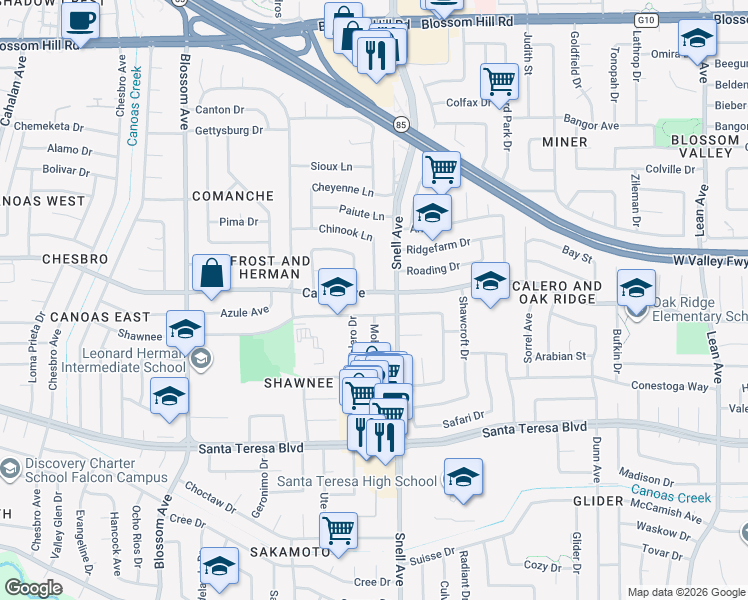 map of restaurants, bars, coffee shops, grocery stores, and more near 514 Calero Avenue in San Jose