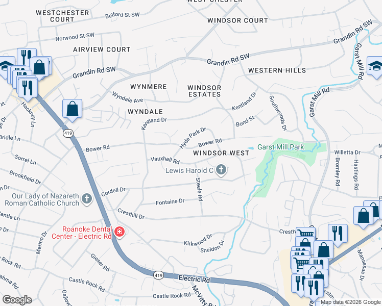map of restaurants, bars, coffee shops, grocery stores, and more near 3838 Bower Road in Cave Spring