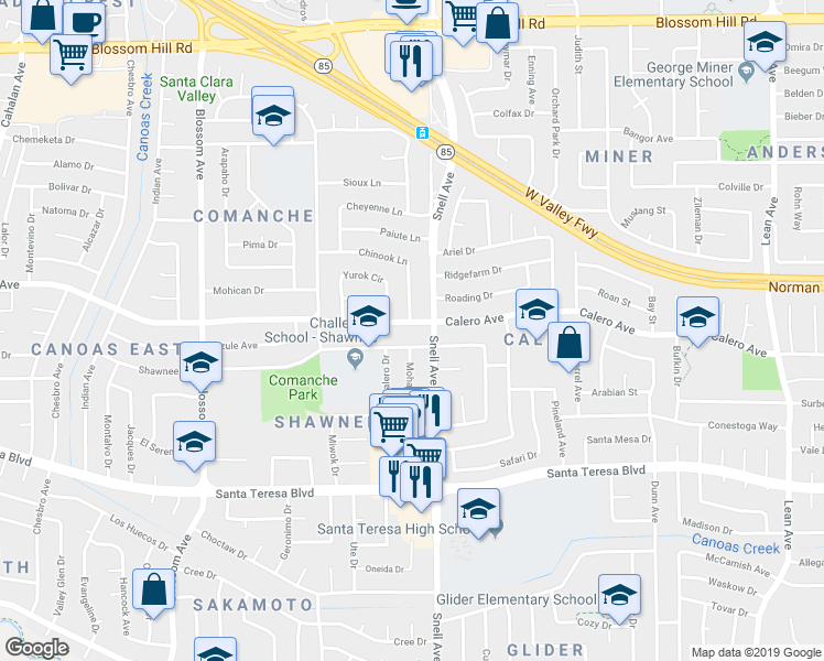 map of restaurants, bars, coffee shops, grocery stores, and more near 514 Calero Avenue in San Jose
