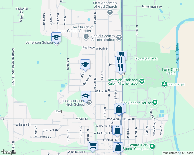 map of restaurants, bars, coffee shops, grocery stores, and more near 1710 North 10th Street in Independence