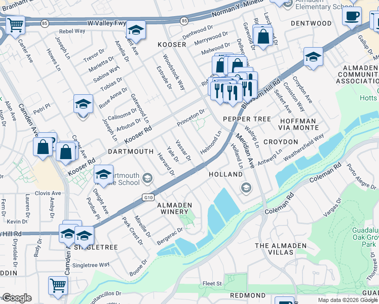 map of restaurants, bars, coffee shops, grocery stores, and more near 5596 Vassar Drive in San Jose