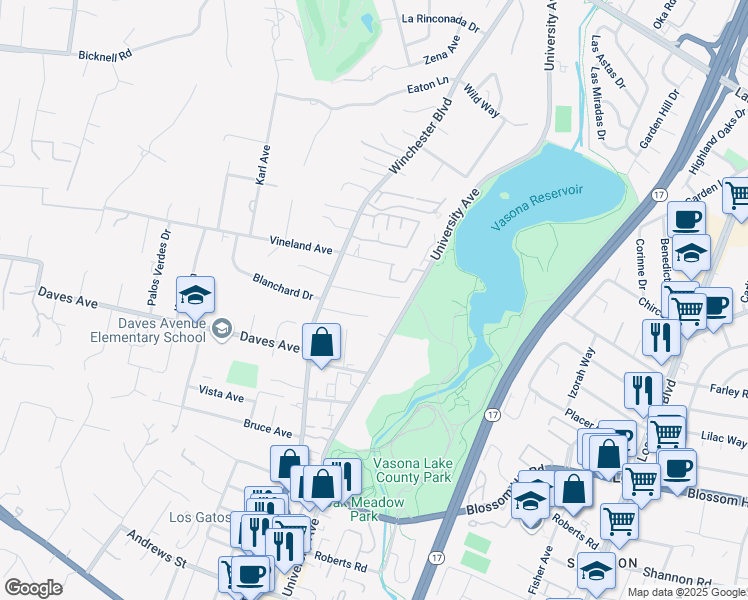 map of restaurants, bars, coffee shops, grocery stores, and more near 17374 El Rancho Avenue in Monte Sereno