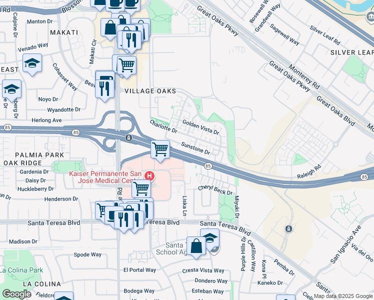 map of restaurants, bars, coffee shops, grocery stores, and more near 5951 Sunstone Drive in San Jose