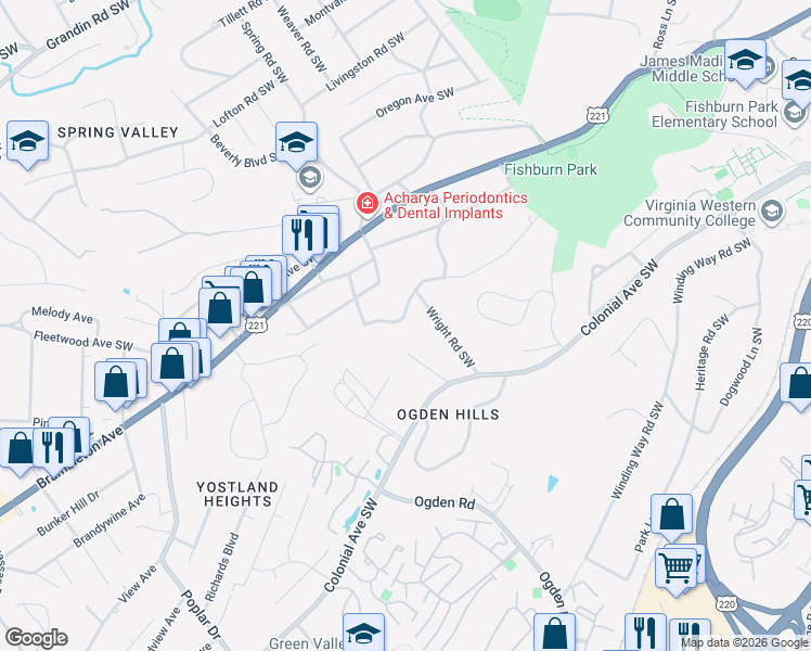 map of restaurants, bars, coffee shops, grocery stores, and more near 2724 Creston Ave SW in Roanoke