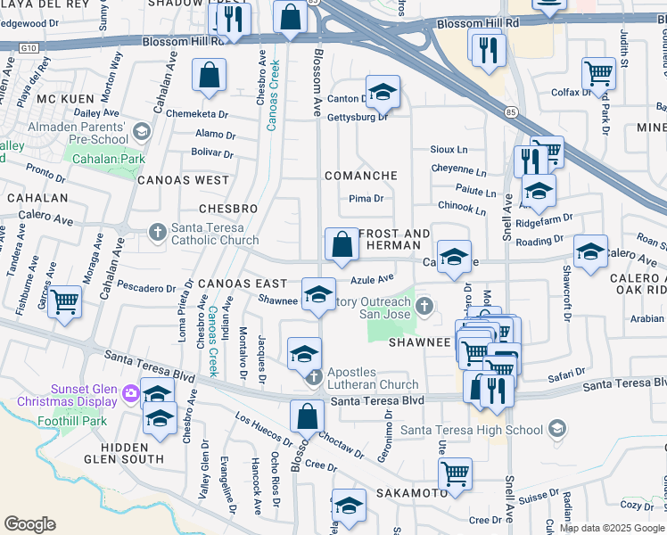 map of restaurants, bars, coffee shops, grocery stores, and more near 700 Calero Avenue in San Jose