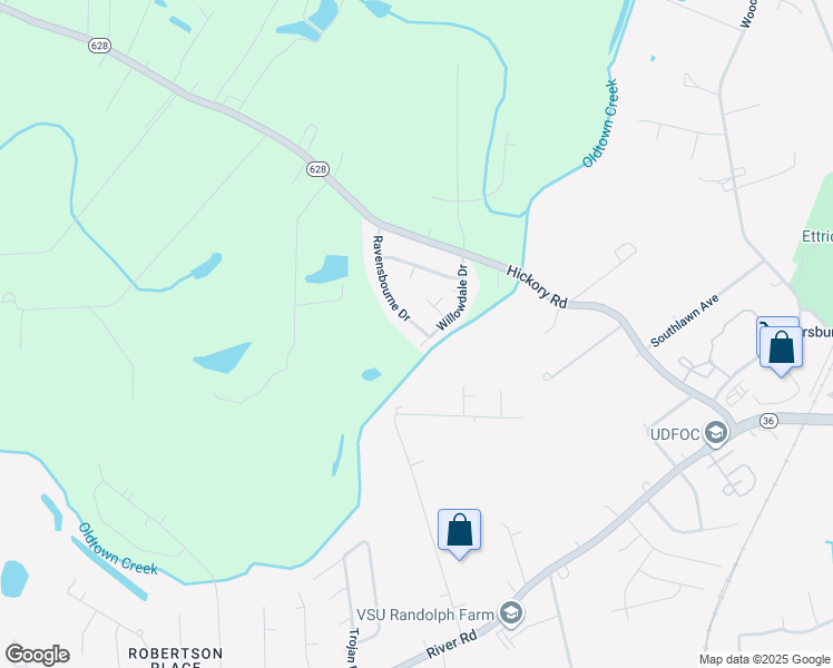 map of restaurants, bars, coffee shops, grocery stores, and more near 20612 Ravensbourne Drive in Petersburg