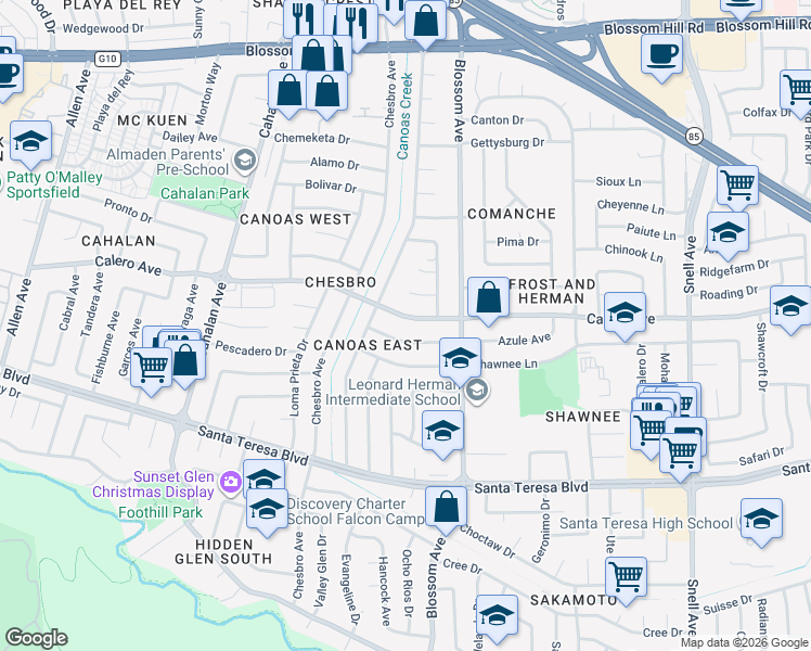 map of restaurants, bars, coffee shops, grocery stores, and more near 734 Calero Avenue in San Jose