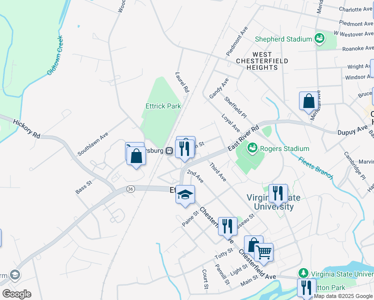 map of restaurants, bars, coffee shops, grocery stores, and more near 3513 South Street in Petersburg