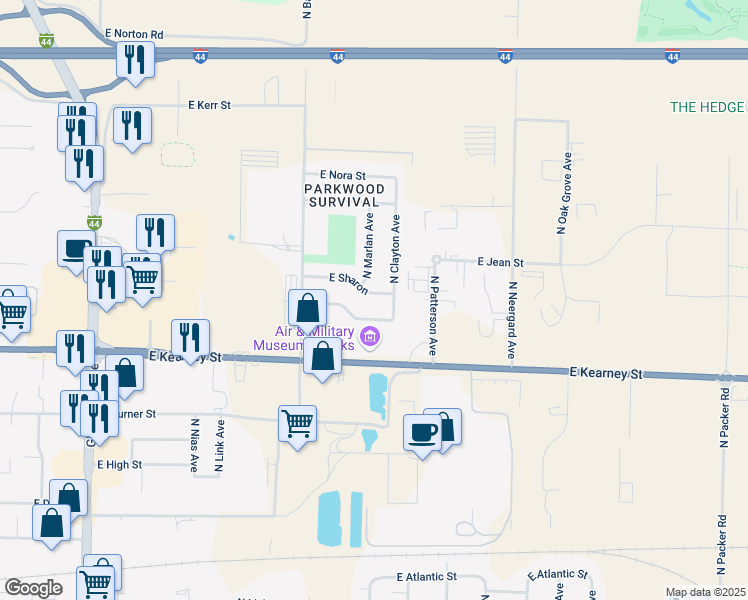 map of restaurants, bars, coffee shops, grocery stores, and more near 2320 East Sharon in Springfield