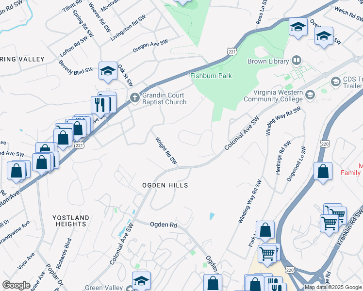 map of restaurants, bars, coffee shops, grocery stores, and more near 2576 Inglewood Road Southwest in Roanoke