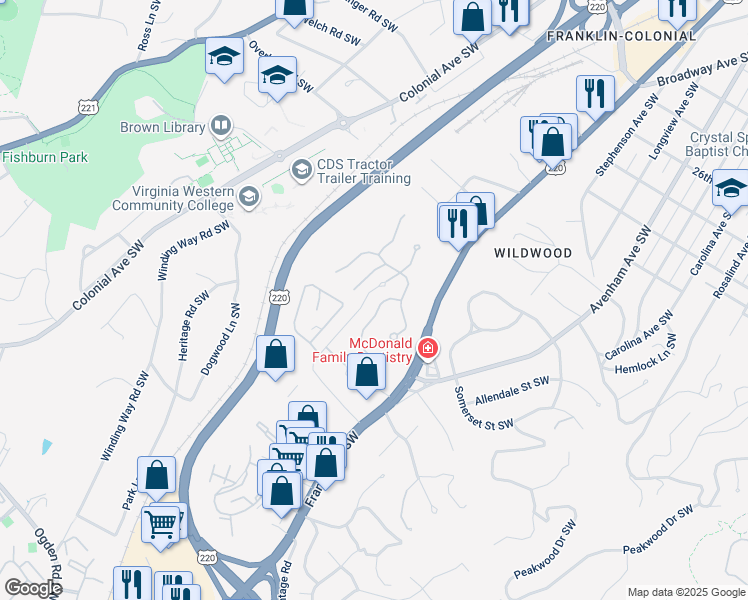map of restaurants, bars, coffee shops, grocery stores, and more near 3315 Southwood Village Court Southwest in Roanoke