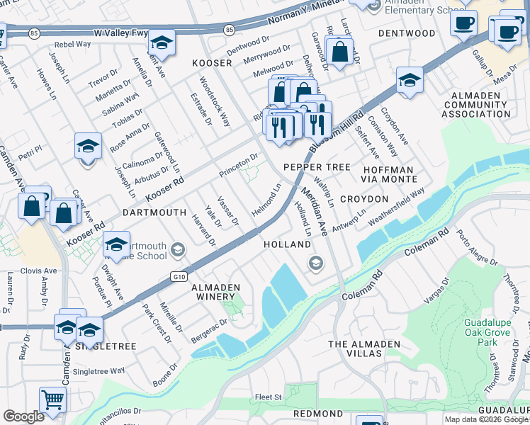 map of restaurants, bars, coffee shops, grocery stores, and more near 1434 Helmond Lane in San Jose