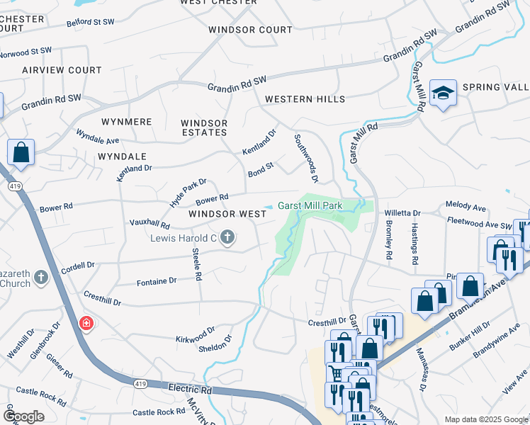 map of restaurants, bars, coffee shops, grocery stores, and more near 4215 Whitehall Circle in Cave Spring