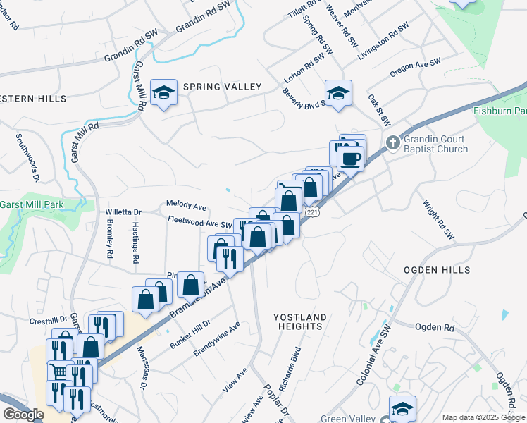 map of restaurants, bars, coffee shops, grocery stores, and more near 3124 Davis Avenue in Roanoke