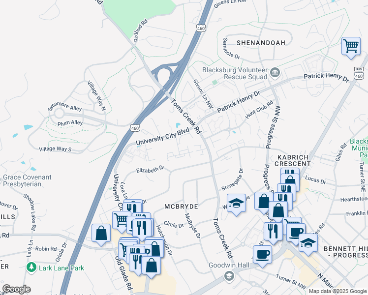 map of restaurants, bars, coffee shops, grocery stores, and more near 702 Appalachian Drive in Blacksburg