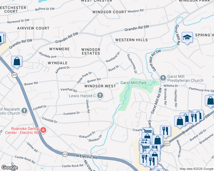 map of restaurants, bars, coffee shops, grocery stores, and more near 3727 Hyde Park Drive in Cave Spring