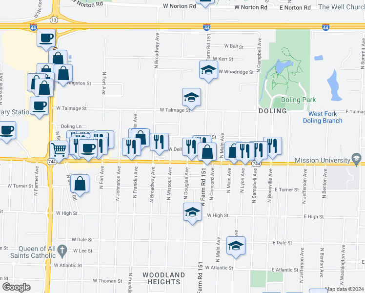 map of restaurants, bars, coffee shops, grocery stores, and more near 809 West Della Street in Springfield