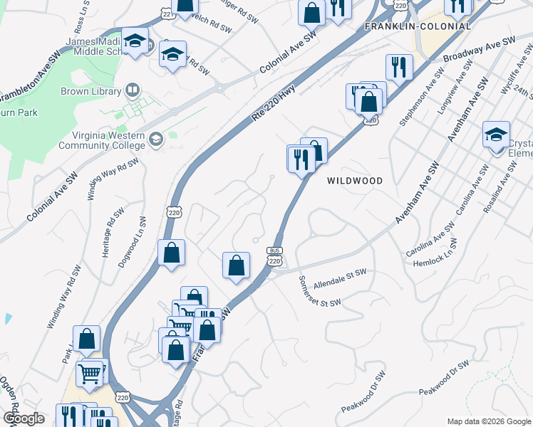 map of restaurants, bars, coffee shops, grocery stores, and more near 3326 Southwest Kingsbury Circle in Roanoke