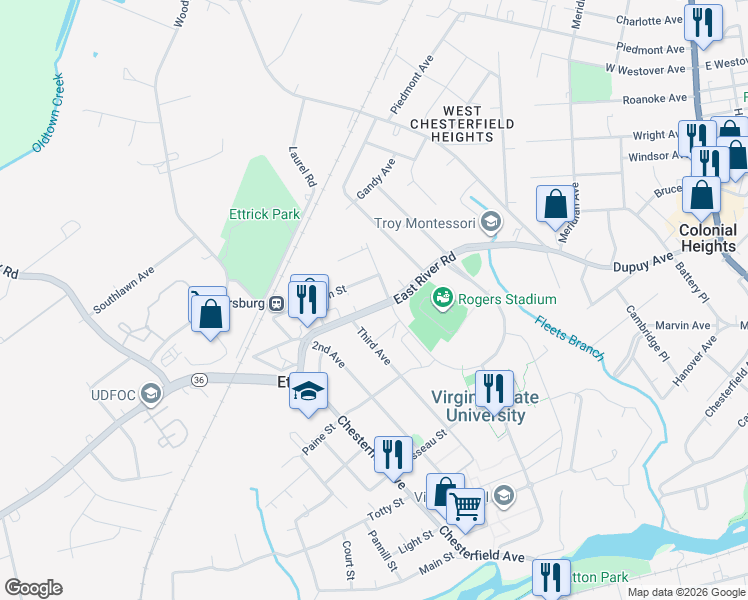 map of restaurants, bars, coffee shops, grocery stores, and more near 20417 Williams Street in Ettrick
