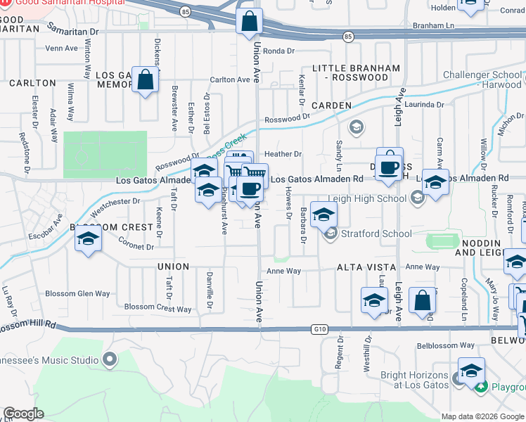 map of restaurants, bars, coffee shops, grocery stores, and more near 102 Hildebrand Drive in Los Gatos