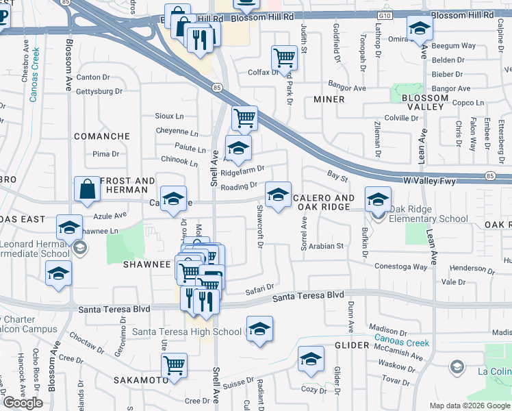 map of restaurants, bars, coffee shops, grocery stores, and more near 460 Calero Avenue in San Jose