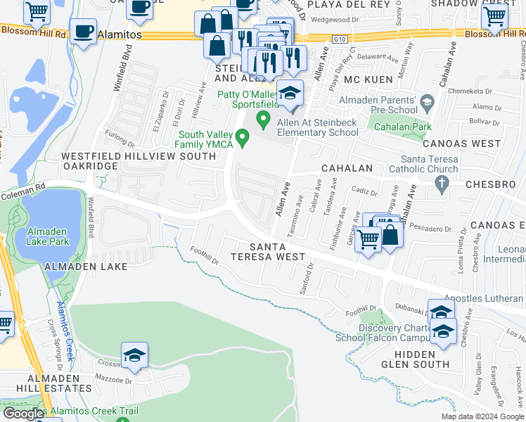 map of restaurants, bars, coffee shops, grocery stores, and more near 787 Villa Teresa Way in San Jose