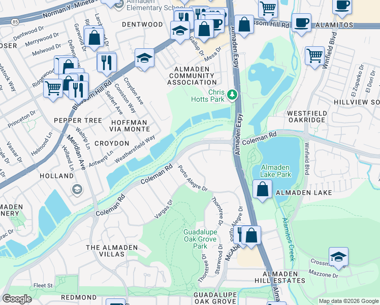 map of restaurants, bars, coffee shops, grocery stores, and more near 5849 Antigua Drive in San Jose