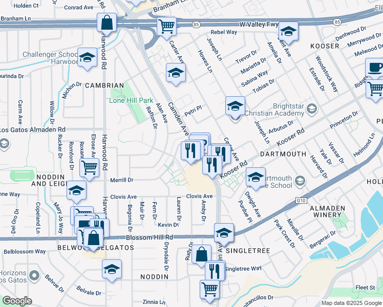 map of restaurants, bars, coffee shops, grocery stores, and more near 5265 Camden Avenue in San Jose