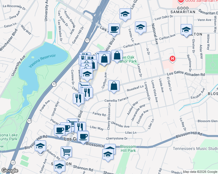 map of restaurants, bars, coffee shops, grocery stores, and more near 6 Carlton Avenue in Los Gatos