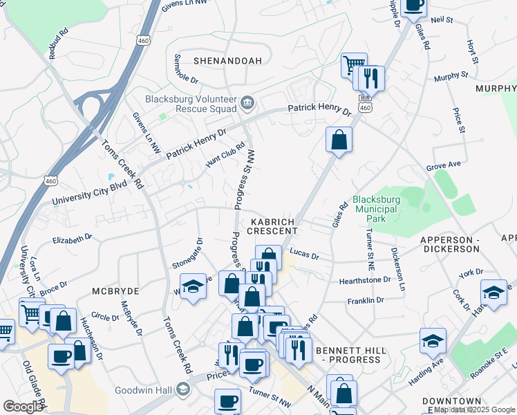map of restaurants, bars, coffee shops, grocery stores, and more near 116 Broce Drive in Blacksburg